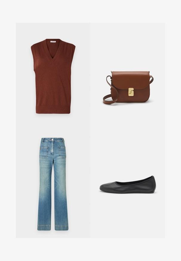 Brązowa bezrękawnikowa kamizelka dzianinowa z dekoltem w serek, prążkowanymi krawędziami, miękką teksturą i dopasowanym krojem, idealna do warstwowego noszenia.; Biała koszulka krótki rękaw wykonana z materiału prążkowanego. Okrągły dekolt, regularny krój i subtelne detale szwów. Bez wzorów ani grafik.; Jasnoniebieskie dżinsy w kształcie dzwonów z pięcioma kieszeniami, szlufkami na pasek, zapięciem na guzik i lekko wyblakłą teksturą, z czerwonym logotypem na tyle.; Czarne skórzane baletki z zaokrąglonym noskiem, gładką fakturą, minimalnymi przeszyciami i elastycznym designem podeszwy.; Brązowa skórzana torebka na ramię z klapką, złotymi detalami, paskiem na ramię i gładką teksturą. Kompaktowy prostokątny kształt.