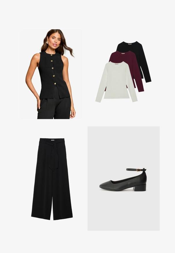 Černý bezrukávový top vyrobený z žebrované pleteniny, se zlatými knoflíky na přední straně a těsným střihem, který se na pasu rozšiřuje.; Dlouhé rukávy trička v bílé, burgundské a černé barvě. Vyrobeno z měkké tkaniny s kulatým výstřihem a přiléhavým střihem. Vhodné na vrstvení.; Černé kalhoty s širokými nohavicemi, vyrobené z texturované tkaniny, s elastickým pasem a odnímatelným páskem na úpravu velikosti.; Černé kožené lodičky s špičatou špičkou a nízkým blokovým podpatkem. Obsahují pásek kolem kotníku se zlatou sponou. Hladký povrch.
