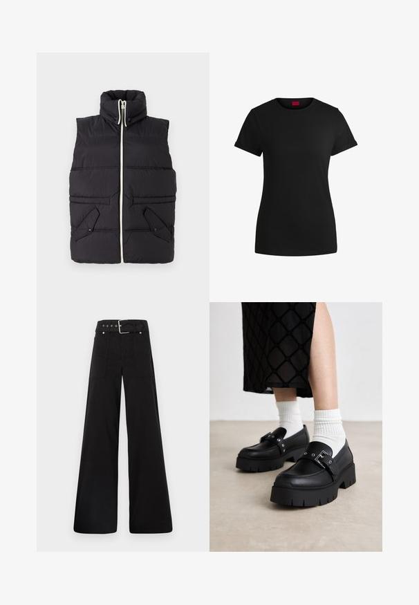 Chaleco puffer negro con cuello alto, cierre frontal con cremallera y dos bolsillos frontales en ángulo. PresentaCosturas horizontales para darle estructura.; Camiseta de algodón negra con mangas cortas enrolladas, escote redondo y etiqueta roja. Textura suave, forma ajustada y con un detalle minimalista.; Pantalones de pierna ancha negros, hechos de algodón, con cintura alta, grandes bolsillos laterales y una cintura ceñida con un cinturón que presenta acentos de metal plateado.; Mocasines de plataforma negros con un acabado de cuero suave, que presentan un detalle de hebilla y acentos de remaches, combinados con calcetines blancos de canalé.