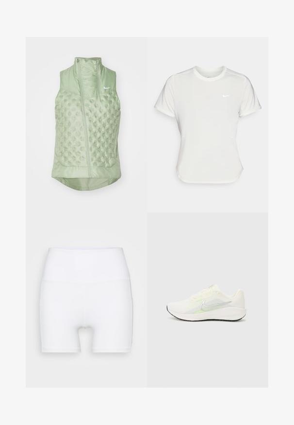 Nike Performance AEROLOFT VEST - Veste - jade horizon; Nike t-krekls baltā krāsā, īsām piedurknēm, ar apaļu kakla izgriezumu, izgatavots no gludas, vieglas auduma. Uz krūtīm ir diskreta logo.; Baltā krāsā augsto jostasvietu šorti, izgatavoti no elastīga auduma. Raksturīga gluda virsma un pieguļoša piegriezuma forma, bez papildu rakstiem vai detaļām.; Nike Performance DOWNSHIFTER 13 - Apavi skriešanai pa asfaltu - sail/silver-coloured photon dust/summit white/barely volt/black