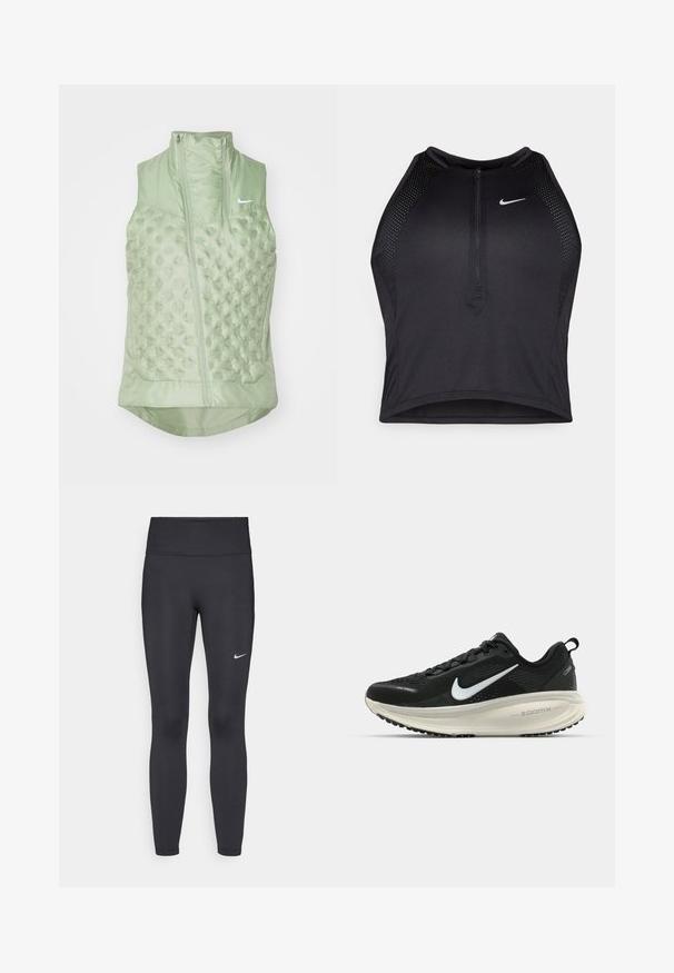 Nike Performance AEROLOFT VEST - Weste - jade horizon; Schwarzes sportliches Crop-Top mit Reißverschluss vorne, Netz-Akzenten und figurnaher Passform. Hergestellt aus dehnbarem, atmungsaktivem Material. Nike-Logo auf der Vorderseite.; Schwarze Leggings aus elastischem Stoff, mit einem hohen Bund und einem weißen Nike-Logo auf dem linken Oberschenkel. Glatte Textur, figurbetontes Design.; Schwarzer Nike-Laufschuh mit atmungsaktivem Mesh-Obermaterial, weißem Swoosh-Logo, strukturierten Details und einer cremefarbenen ZoomX-Zwischensohle.