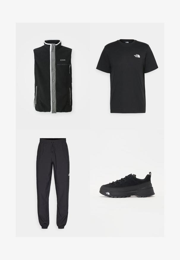 Juodas flisinis liemenė su pilku mygtukų užsegimu, užtrauktuku užsegama krūtinės kišenė, dvi šoninės kišenės ir "Columbia Sportswear" logotipas ant krūtinės.; Juoda medvilninė marškinė su trumpomis rankovėmis, apvaliu iškirpimu ir maža balta logo kairėje krūtinės pusėje. Paprastas dizainas, lygi tekstūra ir laisvas pritaikymas.; Juodos sportinės kelnės, pagamintos iš lengvos medžiagos, su raišteliu liemens srityje, šoniniais kišenėmis ir siaurėjantys apykaklės prie kulkšnies.; Juodas lauko sportinis batelis su zomšiniu viršumi, tekstūruota guma padais ir tvirtas raištelių sistema. Yra sustiprinta kulno dalis ir prekės ženklo logotipas šone.