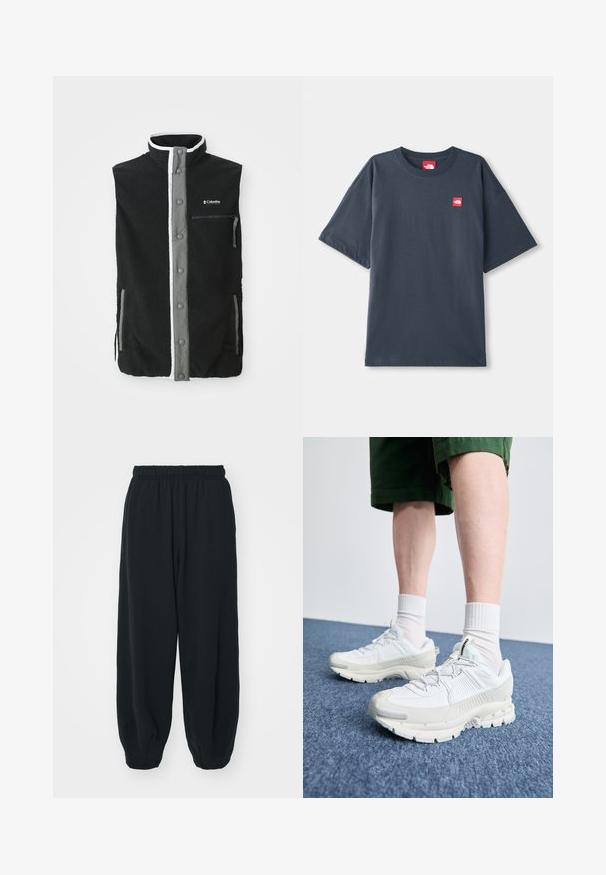 Colete de fleece preto com botão cinza na parte frontal, bolso com zip na altura do peito, dois bolsos laterais e logo da Columbia Sportswear no peito.; T-shirt de manga curta azul marinho escuro, feito de algodão, com um emblema vermelho no lado esquerdo do peito e um decote redondo clássico.; Calças de fato de treino pretas, com cintura elástica e um corte solto, com punhos nas pernas, textura suave e sem padrões visíveis ou detalhes de metal.; Sapatos atléticos brancos com sobreposições texturizadas, sola espessa e detalhes em cinza. Usados com meias brancas até ao tornozelo e calções verdes sobre uma superfície azul.