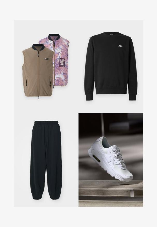 Pööratav vest pruunist kangast küljetaskutega; sisepind on kaetud roosa-sinise ämblikuvõrgu mustriga ning brändi logo plaastriga.; Mustast puuvillast dressipluus, millel on ümar kaelus, pikad varrukad ja väike valge Nike logo paremal ülakõhul.; Mustade elastse vöökoha ja laia lõikega dressipüksid, mansetiga sääred, sile tekstuur ning ilma nähtavate mustrite või detailideta.; Valged Nike Air Max 90 sneakers, millel on võrkkangast ja nahast ülemine osa, aukudega varbadosa ning nähtav õhuüksus kandades.