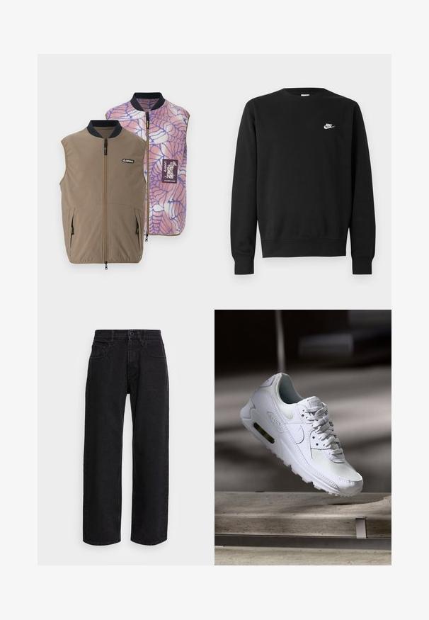 Odwracalna kamizelka z brązowego materiału z bocznymi kieszeniami; wewnętrzna strona ozdobiona wzorem sieci pajęczej w odcieniach różu i błękitu oraz naszywką z logo marki.; Czarna bluza z bawełny, z okrągłym dekoltem, długimi rękawami i małym białym logo Nike na górnej lewej stronie klatki piersiowej.; Czarne dżinsowe spodnie o szerokich nogawkach z wysokim stanem, z pięcioma kieszeniami i zapięciem na guzik. Tkanina ma gładką fakturę i lekki stretch.; Białe sneakersy Nike Air Max 90 z siateczkowym i skórzanym wierzchem, perforowanym czubkiem oraz widoczną jednostką Air w pięcie.