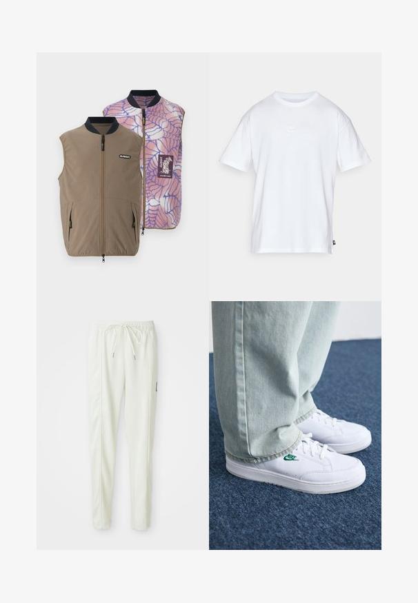 Pööratav vest pruunist kangast küljetaskutega; sisepind on kaetud roosa-sinise ämblikuvõrgu mustriga ning brändi logo plaastriga.; Valge puuvillane t-särk lühikeste varrukatega ja ümmarguse kaelusega. Sellega on kaasas väike, tagasihoidlik Nike logo rinnal ja külgmine silt.; Valged kitsad jooksvapüksid elastse vöökoha ja paelaga, külgseamide detailide ja väikese musta plaastriga paremal jalal.; Valged nahast tennisetossud rohelise Nike logo ja ümarate varvastega, lamedate taldadega, koos helesiniste teksapükstega, esitatud sinisel vaibal.