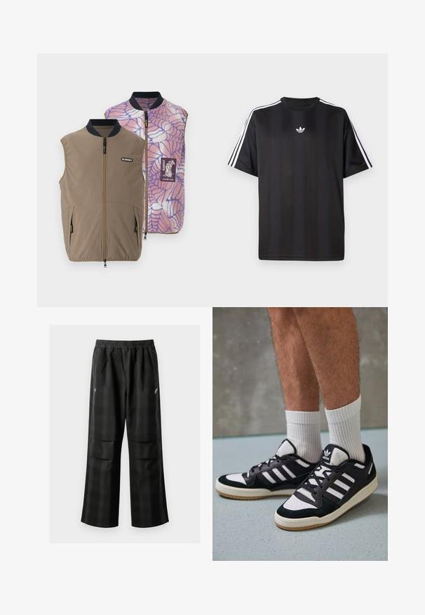 Obrniva prsluk u smeđoj tkanini s bočnim džepovima; unutarnja strana ima uzorak paučine u ružičasto-plavim tonovima i zakrpu s logotipom branda.; Crna majica kratkih rukava s bijelim trostrukim detaljima na ramenima i malim bijelim logotipom na prsima. Glatka tekstura tkanine.; Crne karirane hlače s elastičnom urezom, dva prednja džepa i ležernim krojem s ravnim nogavicama. Izrađene su od laganog materijala.; Crne i bijele tenisice s gornjim dijelom od antilopa i kože, s tri bijele pruge, perforiranim prstom i gumiranim potplatom.