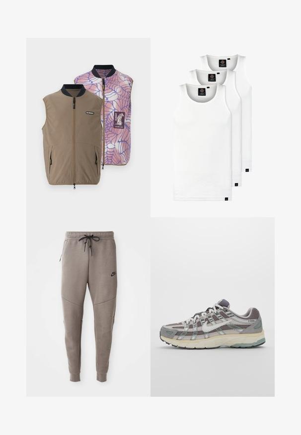 Reversējams vests brūnā audumā ar sānu kabatām; iekšpusei ir rozā-zilā zirnekļa tīkla raksts un zīmola logo plāksne.; Trīs baltas ribotas krūšturi, kas izgatavoti no kokvilnas. Iezīmēti ar apaļu kakla izgriezumu un maziem melniem etiķetēm tuvu apakšmalai. Pieejami vairākos izmēros.; Pelēki Nike sporta bikses ar aukliņu viduklī, sašaurinātiem galiem, sānu kabatām un izteiktām šuvēm. Mīksta, teksturēta auduma.; Pelēkie sporta apavi ar tīkla un zamša augšdaļu, baltiem akcentiem, mīkstinātu zoli un izcilu dizainu ar atstarotājiem.