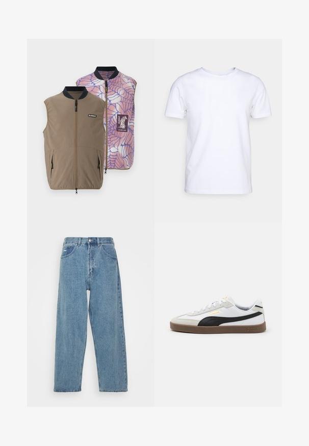 Odwracalna kamizelka z brązowego materiału z bocznymi kieszeniami; wewnętrzna strona ozdobiona wzorem sieci pajęczej w odcieniach różu i błękitu oraz naszywką z logo marki.; Biała koszulka z krótkim rękawem wykonana z bawełnianego materiału, z okrągłym dekoltem. Prosty fason bez wzorów lub akcentów. Gładka tekstura.; Jasnoniebieskie dżinsy z wysokim stanem, luźnym krojem, z dwoma przednimi kieszeniami, tylną kieszenią naszywaną oraz zapięciem na guzik.; Białe skórzane trampki z czarnym zamszowym akcentem, okrągły czubek, płaska brązowa gumowa podeszwa oraz tłoczone złote logo na boku. Sznurowadła i wyściełany kołnierz.
