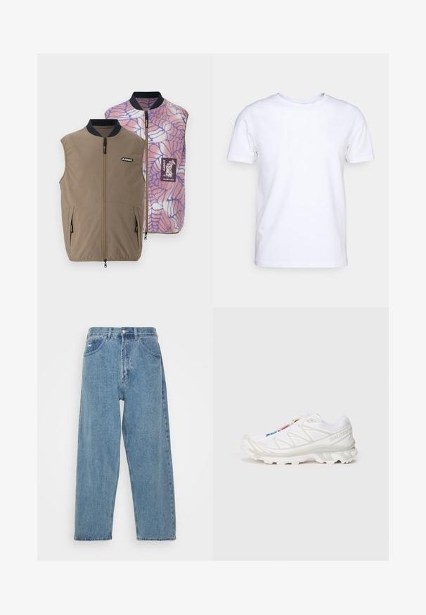 Reversible vest in brown fabric with side pockets; inner side features a pink-blue spider web pattern and brand logo patch.; White short-sleeve t-shirt in cotton fabric with a round neckline. Simple design with no patterns or accents. Smooth texture.; Light blue denim jeans with a high-waist, relaxed fit, featuring two front pockets, a back patch pocket, and a button closure.; White athletic shoe with textured mesh upper, reflective accents, and a cushioned sole. Notable brand logo on the side.