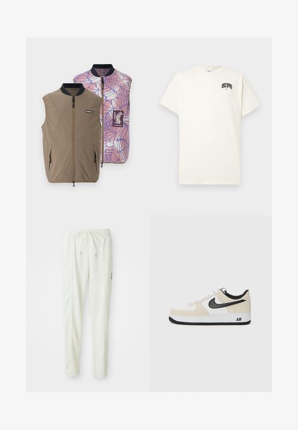Vändbar väst i brunt tyg med sidofickor; insidan har ett rosa-blått spindelnätsmönster och märke-loga.; Krämm färgad bomulls t-shirt med kort ärm, med "NIKE SB" i svart och röd text på bröstet. Standard rund halsringning.; Vita slim-fit joggerbyxor med elastisk midja och dragsko, med sidofickor och en liten svart patch på höger ben.; Sneakers med en ljus beige mocka och vit läderöverdela, svart Nike swoosh, svarta detaljer och en vit gummisula med "AIR"-branding.