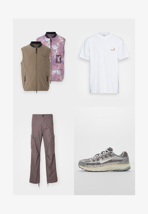 Apverčiamas liemuo rudos spalvos audinio, su šoninėmis kišenėmis; vidinėje pusėje yra rožiniais-mėlynais voratinklio raštais ir prekės ženklo logotipo pleistru.; Balta medvilnė marškinėliai trumpomis rankovėmis. Sukurti su mažu oranžiniu ir tamsiai raudonu logotipu kairėje krūtinės pusėje. Turi klasikį apvalų kaklą.; Krovinių kelnės iš tekstūruoto taupe audinio, su keliais šoniais kišenėmis, tiesaus kirpimo ir reguliuojamomis juostelėmis ant apačios.; Pilkas sportinis batas su tinklu ir zomšos viršutine dalimi, baltomis detalėmis, paminkštintu padu ir išskirtiniu dizainu su atspindinčiais elementais.