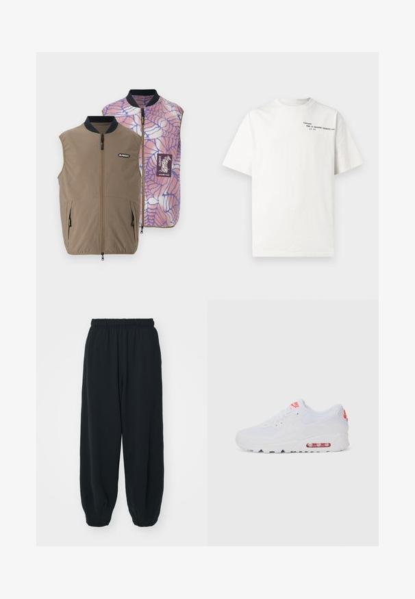 Obojstranná vesta z hnedého materiálu s bočnými vreckami; vnútorná strana má vzor pavučiny v ružovo-modrej farbe a nášivku loga značky.; Biele bavlnené tričko s krátkymi rukávmi, okrúhlym výstrihom a čiernym tlačeným textom na hrudi, ktorý znie "Carhartt Work in Progress 1989."; Čierne tepláky s elastickým pásom, vo voľnom strihu, s manžetami na členkoch, hladkej textúry a bez viditeľných vzorov alebo kovových doplnkov.; Biele športové tenisky s hladkým zvrškom, šnurovaním, polstrovanou podrážkou a viditeľnou vzduchovou jednotkou s červenými akcentmi na značení.