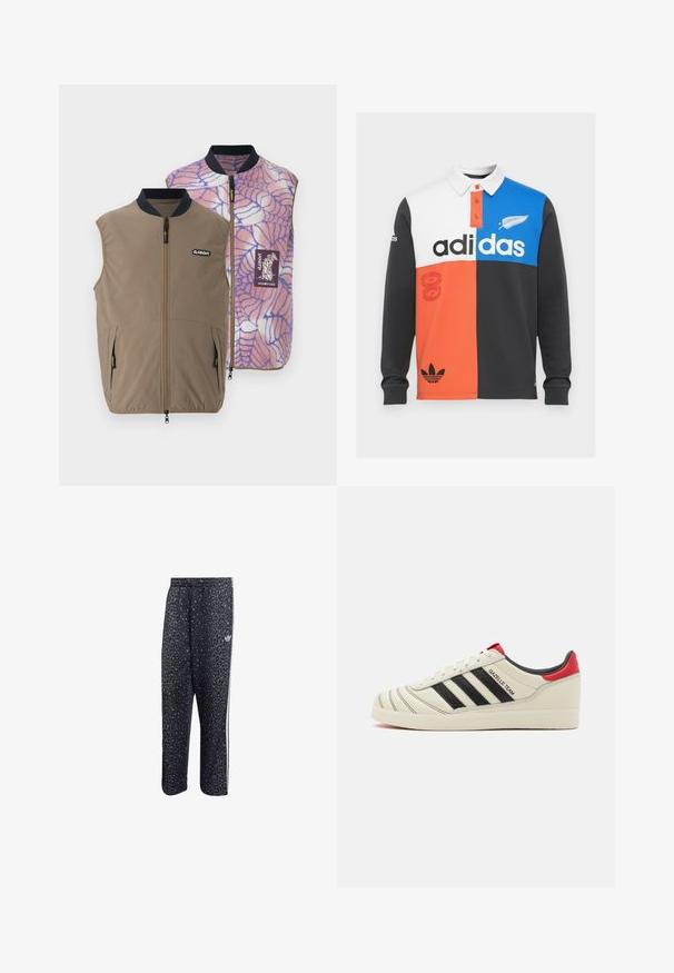 Gilet reversibile in tessuto marrone con tasche laterali; il lato interno presenta un motivo a ragnatela rosa-blu e una toppa con logo del marchio.; Polo a maniche lunghe color block in nero, bianco, arancione e blu, con colletto, piastra con bottoni e grande marchio Adidas.; Pantaloni sportivi neri con motivo a stampa leopardata, caratterizzati da un design a tre strisce bianche e un logo di un marchio sportivo sul lato.; Sneakers in pelle crema con strisce nere, dettagli rossi sul tallone e texture particolari. Presentano una suola in gomma e chiusura con lacci.