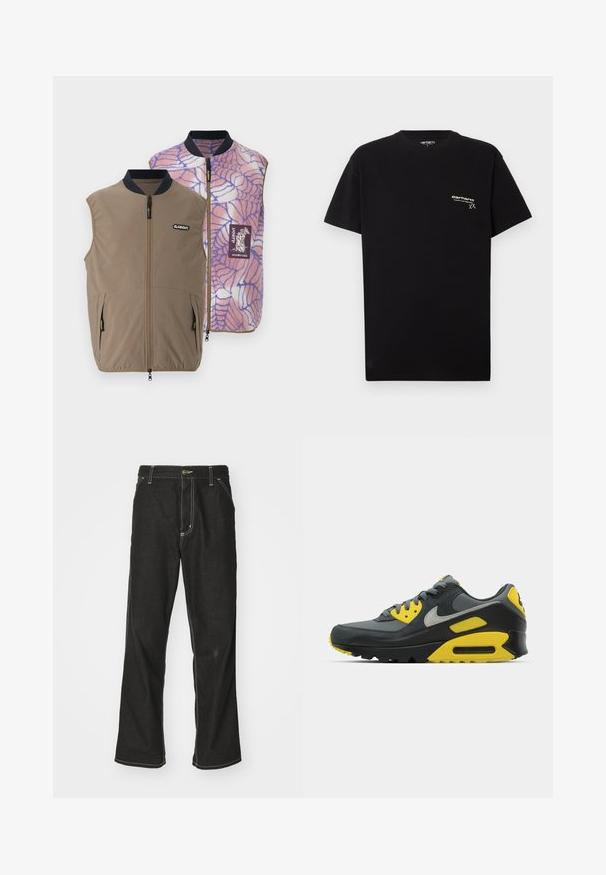 Reversible vest in brown fabric with side pockets; inner side features a pink-blue spider web pattern and brand logo patch.; Black cotton T-shirt with short sleeves, round neckline, and a small white logo printed on the left chest area.; Black denim jeans with a loose fit, featuring contrasting white stitching, a button closure, and a straight leg design.; Gray and yellow Nike Air Max 90 sneaker displayed on a white background, showcasing its design and color contrasts.