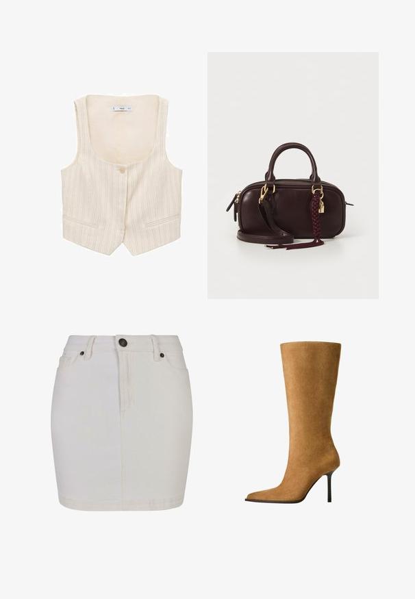 Beige vest met verticale strepen, knoopsluiting en twee voorknoopzakken. De halslijn is wijd en de stof lijkt gestructureerd.; Bruine mouwloze top met een ruches halslijn en geplooide stof door het hele kledingstuk. Heeft een aansluitende pasvorm en een gestructureerd oppervlak.; Witte denim rok met een slim fit ontwerp, voorzien van een knoopsluiting, ri loops en een klassieke vijf-pocket stijl. Heeft een gladde textuur en is knielang.; Knie hoge suède laarzen in kamelkleur met een spitse teen en een dunne hoge hak. Glad textuur en elegante silhouet met minimale details.; Donkerbruine leren handtas met een gevlochten kwast, gouden hardware, dubbele handvatten en een afneembare schouderriem op een witte achtergrond.