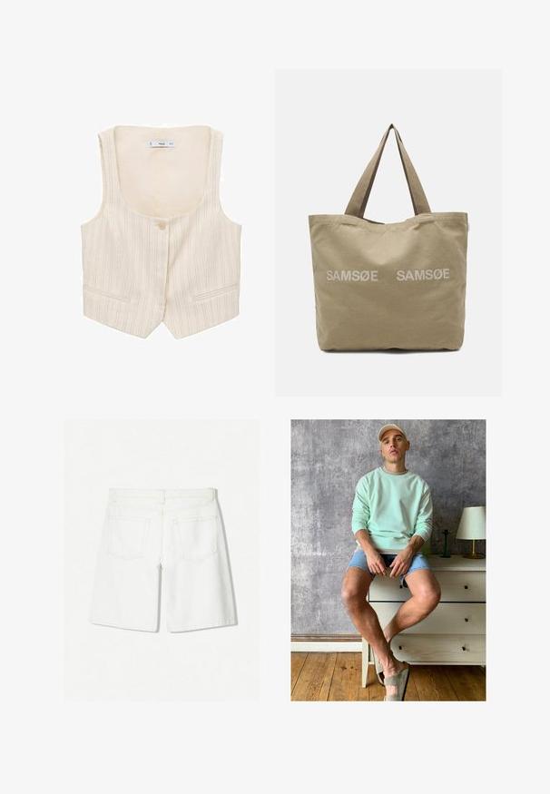 Beige Weste mit vertikalen Streifen, Knopfverschluss und zwei Fronttaschen. Der Ausschnitt ist weit und der Stoff wirkt strukturiert.; Weißes T-Shirt mit kurzen Ärmeln und Rundhalsausschnitt, aus weicher Baumwolle gefertigt, mit einem schlichten, sauberen Design ohne sichtbare Muster oder Akzente.; Weiße Denim-Shorts mit einem geraden Schnitt, hoher Taille, zwei Gesäßtaschen und dezenten Steppnähten.; Mintgrüner Sweatshirt, Jeansshorts und olivgrüne Slipper. Sitzt auf einer hellen Kommode vor einer strukturierten grauen Wand.; Beige Canvas-Tragetasche mit zwei gedruckten "SAMSØE"-Logos. Weiche Textur, robuste Griffe und eine schlichte, strukturierte Form.