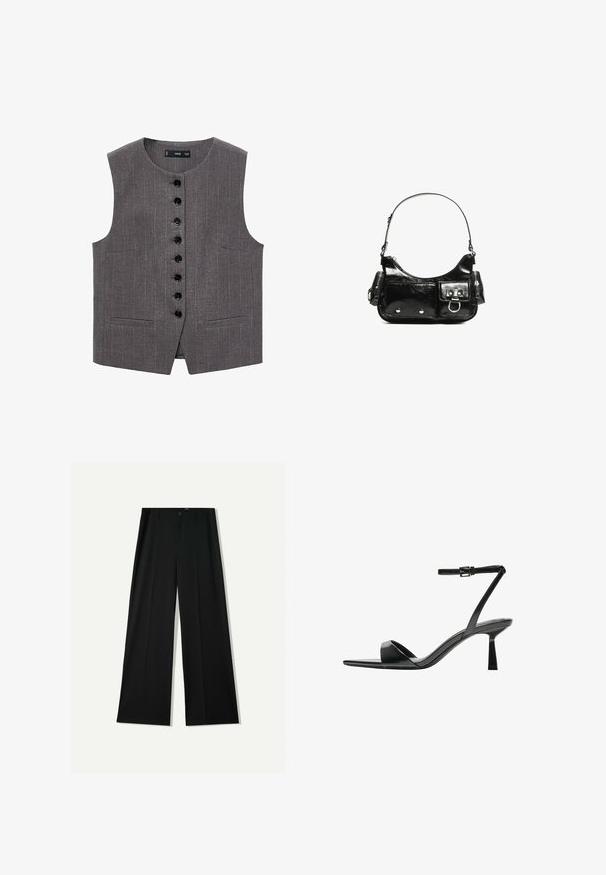 Siva bezrukavna jakna s uzorkom pinstripe, koja ima prednje zatvaranje na dugmad s crnim dugmadi i dva prednja džepa.; Crne i bijele majice dugih rukava, s okruglim izrezima, mekanim materijalom i uskim krojem sa ravnim rubovima.; Bershka WIDE - Hlače - black; Bershka Sandale s visokom petom - black; Crna patentna kožna torba s zakrivljenim oblikom, jednim remenom za rame, prednjim džepovima i akcentima od srebrnog tona.