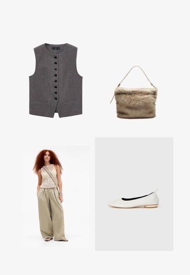 Graue ärmellose Weste mit Streifenmuster, ausgestattet mit einer vorderen Knopfleiste mit schwarzen Knöpfen und zwei vorderen Taschen.; Langärmliges T-Shirt mit Rundhalsausschnitt in Cremefarbe aus weichem Material. Verfügt über einen geraden Schnitt und ein minimalistisches Design ohne Verzierungen.; Junge Frau mit langen, lockigen roten Haaren, die ein beiges, ärmelloses Stricktop, weite khakifarbene Hosen, Flip-Flops, eine Umhängetasche und Armbänder trägt.; Weiße Leder-Ballerinas mit abgerundetem Zehenbereich, niedrigem Blockabsatz, schwarzer Innenauskleidung und einer Schlaufe an der Ferse, seitlich auf weißem Hintergrund dargestellt.; Faux-Fur-Handtasche in hellbeige mit einer weichen, strukturierten Oberfläche. Sie verfügt über einen einzelnen dünnen Träger und hat eine rechteckige Form mit einem flauschigen oberen Rand.