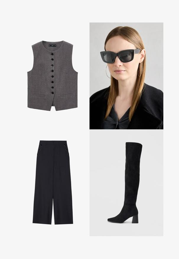 Harmaa hihaton liivi, jossa on pörrökuvio, etupuolella mustilla nappeilla varustettu nappisuljenta ja kaksi etutaskua.; Musta pitkähihainen paita, jossa on kyynärpäissä ja edessä rypytetty kangasdetalji. Valmistettu pehmeästä, joustavasta materiaalista ja avokorcista kaula-aukosta.; Avokkaat housut tummansinisestä kankaasta, joissa on sileä texture, etu laskokset ja koristeelliset kultasävyiset nauhat sivutaskuissa.; Musta samettinen polvipitkä saapas, jossa on lohkarekorko, terävä nilkka ja sileä, saumatonta muotoilua tasaisella vaalealla taustalla.; Mustan kissakuvioisen aurinkolasit tummilla linsseillä, paksuilla kehyksillä ja hillityillä yksityiskohdilla. Yhdistetty mustaan takkiin ja harmaaseen paitoihin, joissa on pitkät suorat hiukset.
