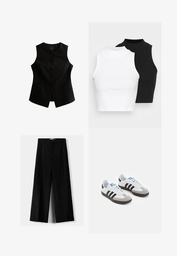 Czarna kamizelka bez rękawów o prostym kroju, z siedmioma guzikami z przodu i dwiema kieszeniami bocznymi. Wykonana z teksturowanej tkaniny.; Dwa bezrękawnikowe golfy w kolorze czarnym i białym, charakteryzujące się dopasowanym fasonem i gładką teksturą, o skróconej długości.; Czarne spodnie szerokie, wykonane z lekkiego materiału, z zapięciem na guzik z przodu i gładkim przodem, z starannie wykończonymi brzegami.; Buty sportowe z białą skórzaną cholewką, szarym zamszowym noskiem i trzema czarnymi paskami. Posiadają niebieskie logo na języku oraz teksturowaną gumową podeszwę.