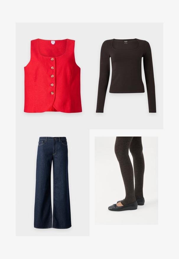 Crvena lanena majica bez rukava s okruglim izrezom i pet drvenih gumba sprijeda. Jednostavan, prilagođen dizajn s zakrivljenim rubom.; Crna majica dugih rukava, uskog kroja s kvadratnim izrezom, označena s GAP, prikazana na bijeloj pozadini.; Široke traperice u tamnoplavoj denim boji. Sadrže kontrastno šivanje, pet džepova i kopčanje na dugme u struku. Glatka tekstura.; Crne ravne cipele s malim mašnom na vrhu prstiju, uparene s tamnosmešnim rebrovanim čarapama. Cipele imaju glatku teksturu i nizak profil.