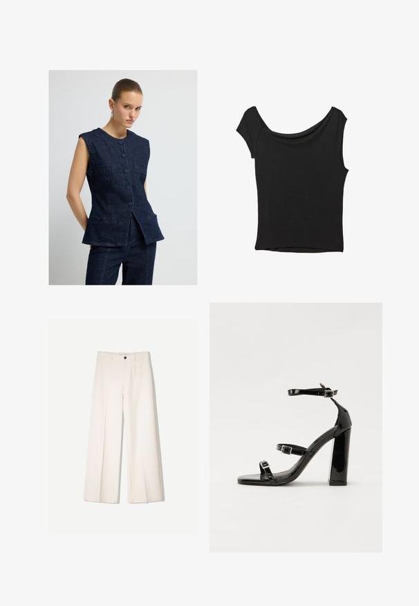Granatowa dżinsowa kamizelka z okrągłym dekoltem, bez rękawów, z zapięciem na guziki z przodu oraz dwoma kieszeniami na piersiach. Gładka tekstura, dopasowany fason.; Czarna bluzka z krótkim rękawem, wykonana z gładkiego materiału; posiada dekolt w stylu drapowanym oraz asymetryczny dół, z dopasowanym krojem.; Kremowe spodnie szerokie z dopasowanym krojem, z dwoma przednimi kieszeniami i pojedynczym zapięciem na guzik z przodu, wykonane z gładkiego materiału.; Czarne lakierowane sandały na obcasie z kwadratowym noskiem, z paskami wokół kostki i srebrnymi klamrami. Posiadają masywny słupek dla stabilności.