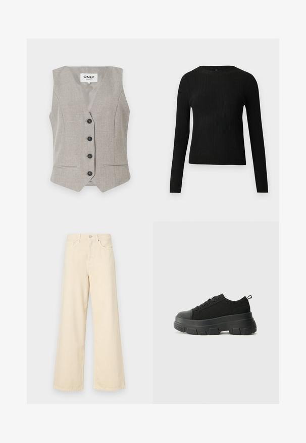 Light gray vest with a textured fabric, V-neck, five black buttons, and two front pockets. Features tailored shape and no sleeves.; Black ribbed long-sleeve fitted sweater with a round neckline, displayed against a plain light background.; Beige wide-leg jeans made of cotton. Features a button closure, belt loops, and front pockets with a smooth, soft texture.; Black sneakers with a chunky rubber sole, textured fabric upper, round toe, and lace-up design. Features reinforced eyelets and back pull tab.