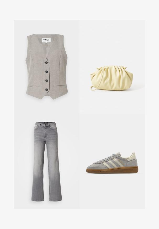 Gaiši pelēks žakets ar teksturētu audumu, V veida kakla piegriezumu, pieciem melniem podziņām un divām priekšējām kabatām. Vietām pielāgota forma un bez piedurknēm.; Balts ribots bez piedurknēm, kuram centrā uz krūtīm ir melns izšūts logo. Kakla un roku caurumu malas ir rūpīgi apstrādātas ar smalku apdari.; Augsti vidukļa taisnas kājas pelēkas džinsa bikses ar priekšējo pogu un rāvējslēdzēju, priekšējām un aizmugurējām kabatām, kā arī izbalinātiem toņiem uz augšstilbiem un teļiem.; Pelēki zamšādē sneakers ar gaiši pelēkiem ādas svītrainēm un gumijas zoli. Iespējas ietver šņorēšanu un smalku zīmolu uz mēles.; Dzeltena plisētā rokas soma, izgatavota no gludas mākslīgās ādas, ar mīkstu formu, vienu plecu siksnu un sakrautu augšdaļu.