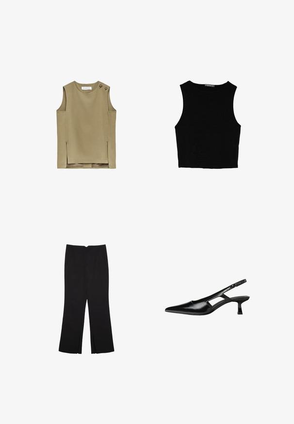Ärmlös topp i olivgrönt med rund halsringning, sidoflanser och två bruna knappar på vänster axel, etikett vid halsringningen.; Svart ärmlös crop top i mjukt tyg, med rund hals och en ren, enkel design utan mönster eller detaljer.; Svarta byxor med rak passform, utrustade med framfickor och sidoklyvningar vid fållen. Tillverkade av mjukt, slätt tyg. Lämpliga för olika tillfällen.; Svart lackläder slingback-klackar med spetsig tå, utskuren sidor och en liten fyrkantig klack. Slät textur med minimala accenter.