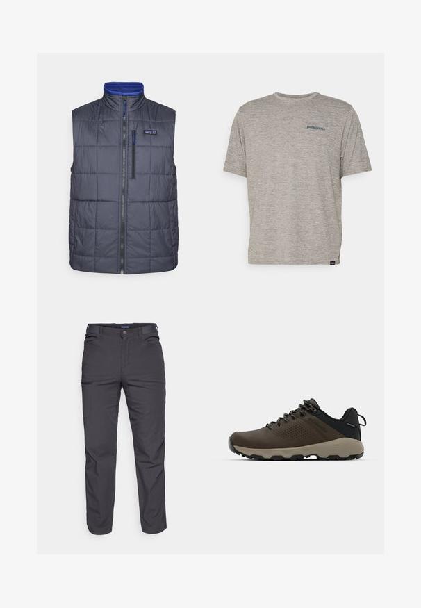 Vest i mørkegrå kviltet nylon med høy krage, frontglidelås og blå innside. Har en liten lomme på venstre bryst med logo.; Grå kortermet t-skjorte laget av mykt, teksturert stoff med en liten blå Patagonia-logo på venstre bryst. Ingen ekstra mønstre.; Mørkegrå bukser laget av slitesterkt stoff, med glidelåslomme, rett snitt og beltestropper for justerbar passform.; Brune vanntette joggesko med teksturert overdel, perforerte detaljer, svart hæl støtte og en grå gummisåle. Snøring er stilisert med metalliske ender.