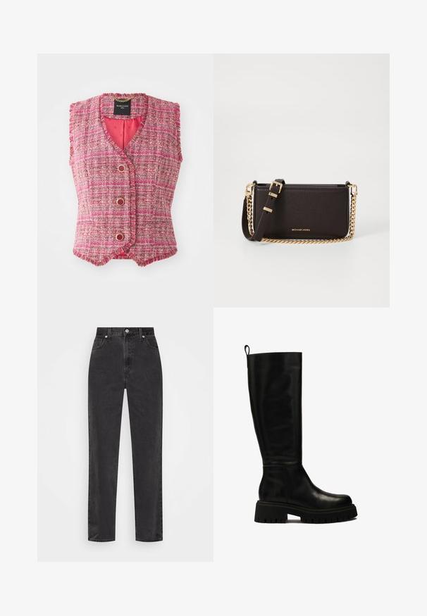Chaleco sin mangas de tweed rosa con escote en V, que presenta botones en tono dorado y un acabado texturizado. Forro interior de tela rosa lisa.; Camisa blanca de botones con mangas largas, cuello estructurado y dobladillo redondeado. Hecha de una tela lisa y sólida sin patrones ni acentos visibles.; Vaqueros de mezclilla negra de pierna recta con cintura alta, botón y cremallera en el frente, y estilo de cinco bolsillos sobre un fondo blanco.; Botas de cuero negras hasta la rodilla con un diseño elegante, punta redondeada y suela de goma gruesa con profundas ranuras y una lengüeta en la parte superior.; MICHAEL Michael Kors BRYANT SM XBODY POUCHETTE - Bandolera - chocolate