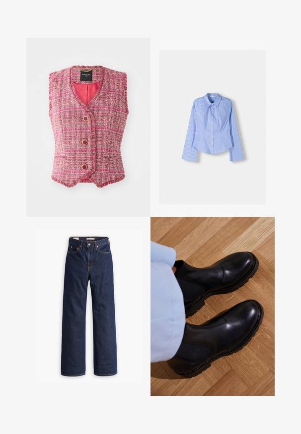 Ružičasti tečni bez rukava s V-izrezom, koji ima zlatne gumbe i teksturiranu površinu. Iznutra obložen čvrstom ružičastom tkaninom.; Plava i bijela prugasta košulja dugih rukava s dugim rukavima, prilagođenim krojem i zaobljenim rubom. Teksturirani pamučni materijal.; Tamno plave traperice ravnog kroja s pet džepova, narančastom šavom i zatvaranjem na gumb.; Crni gležnjači od glatke kože s elastičnim bočnim panelima, teksturiranim gumenim potplatom i kontrastnim šavovima uz rub.