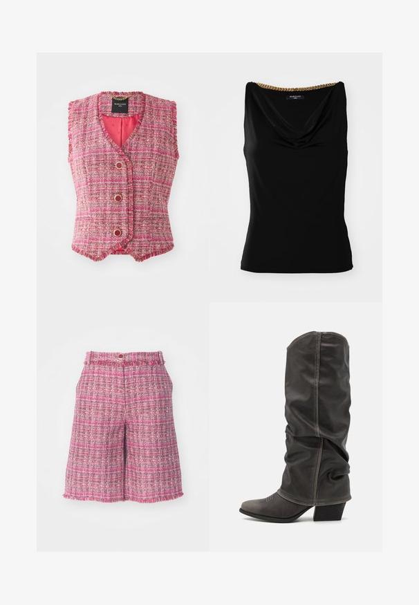 Rausvas tweed be rankovių liemeniukas su V formos iškirpte, puoštas auksinės spalvos sagomis ir tekstūruotu paviršiumi. Viduje išklotas vientisos rausvos medžiagos.; Juodas be rankovių marškinėlis su drapiruotu iškirpimu ir auksine grandinėle ant peties. Pagamintas iš sklandaus audinio, turintis prigludusį pjūvį.; Rožinės tweed šortai su tekstūruotu raštu ir suplyšusiu kraštu. Su juosmeniu, kuriame yra mygtuko uždarymas. Lengvas audinys, iki vidurio šlaunies ilgio.; Pilki odiniai batas iki blauzdų, su laisvu dizainu, smailiu pirštu ir pastatytu kulnu. Išskirtiniai siuvimo detalės ant pirštų srities.