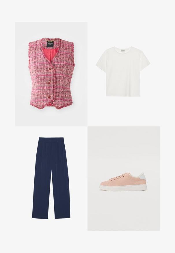 Rózsaszín tweed ujjatlan mellény V-kivágással, aranyszínű gombokkal és textúrált felülettel. Belseje egyszínű rózsaszín anyaggal bélelt.; Fehér, rövid ujjú póló, puha pamutból készült. Kerek nyakkivágással és laza szabással rendelkezik. Tiszta dizájn, látható minták vagy díszítések nélkül.; Sötétkék, bő szárú nadrág puha anyagból, elől redőkkel, sima textúrával, egyenes szabással, látható zsebek nélkül.; Világos rózsaszín velúr sportcipő fehér gumitalppal, kerek orral és fehér sarokdíszítéssel. Jellemzője a lapos fűző és a minimális márkajelzés az oldalon.