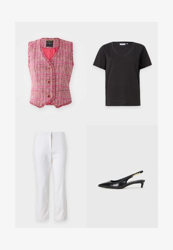 Rosa Tweed ärmellose Weste mit V-Ausschnitt, verziert mit goldfarbenen Knöpfen und einer strukturierten Oberfläche. Innen mit einfarbigem rosa Stoff ausgekleidet.; Schwarzes Baumwoll-T-Shirt mit V-Ausschnitt und kurzen Ärmeln. Einfaches Design mit normalem Schnitt und ohne Muster oder Akzente.; Weiße Baumwollhose mit geradem Bein, mittelhoher Taille und ohne sichtbare Beschläge oder Muster. Glatte Textur auf der gesamten Fläche.; Schwarze Leder-Slingback-Pumps mit spitzem Schuhblatt, ausgestattet mit einem schlanken Absatz und einem goldfarbigen Akzent am verstellbaren Riemen. Glatte Textur.