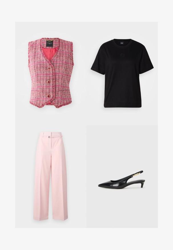 Rosa tweed ærmeløs vest med V-hals, med gullfargede knapper og en strukturert overflate. Innvendig foret med ensfarget rosa stoff.; Svart bomull T-skjorte med rund hals, korte ermer og et brodert logo på brystet. Enkel, avslappet passform uten mønstre.; Rosa vide bukser laget av glatt stoff, med høy midje, beltesløyfer og kroklås. Skreddersydd design med legg. ; Sorte lærreim hæler med spiss tå, som har en slank hæl og en gullfarget detalj på den justerbare stroppen. Glatt tekstur.