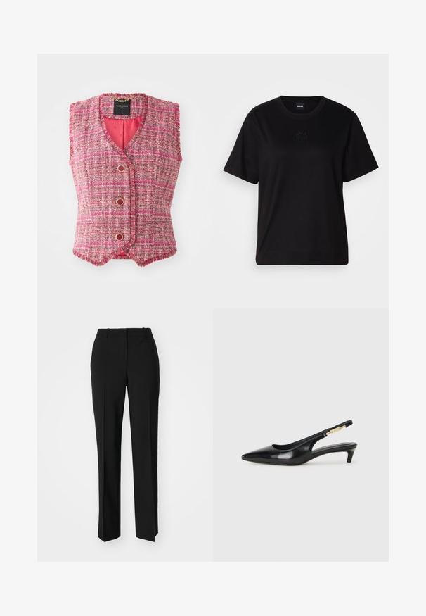 Vesta fără mâneci din tweed roz, cu decolteu în V, având butoane de culoare aurie și un finisaj texturat. Interiorul este căptușit cu un material solid de culoare roz.; T-shirt negru din bumbac, cu guler rotund, mâneci scurte și un logo brodat pe piept. Design simplu, cu o croială relaxată și fără modele.; Pantaloni negri tailor-ed cu un design drept, având o textură fină și cute clare pe față. Fără elemente de prindere vizibile.; Sandale slingback din piele neagră cu vârf ascuțit, având un toc subțire și un accent de culoare aurie pe curea ajustabilă. Textură netedă.