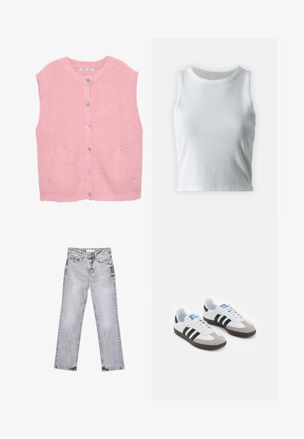 Rosa gestrickte Weste mit rundem Ausschnitt, vorderem Knopfverschluss und zwei seitlichen Taschen. Sie hat einen strukturierten Stoff und gerippte Kanten.; Weißes, geripptes Tanktop mit runder Ausschnittform und ärmellosem Design, ausgestattet mit einem geraden Saum und einer glatten, dehnbaren Textur.; Graue Jeans aus Denim mit geradem Bein, mit Used-Effekten, fünf Taschen und kupferfarbenen Nieten. Der Bund verfügt über ein Logoshirt.; Sportschuhe mit einem Obermaterial aus weißem Leder, grauer Wildleder-Zehenkappe und drei schwarzen Streifen. Sie verfügen über ein blaues Logo auf der Zunge und eine strukturierte Gummisohle.