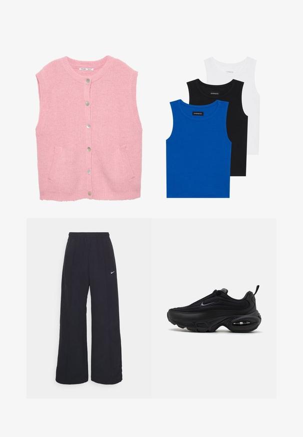 Vesta tricotată roz cu gât rotund, închidere cu nasturi frontală și două buzunare laterale. Are o țesătură texturată și margini ondulate.; Trei tricouri fără mâneci, în culorile albastru, negru și alb. Materialul este texturat, cu un decolteu rotund. Fiecare tricou are un eticheta pe care scrie "even&odd."; Pantaloni negri, cu pantaloni largi, cu un brâu elastic și un mic logo alb Nike. Materialul are o textură netedă, conceput pentru confort și purtare casual.; Pantoflă sport neagră cu un exterior neted și texturat. Prezintă un vârf rotund, guler căptușit și amortizare de aer vizibilă în talpă.