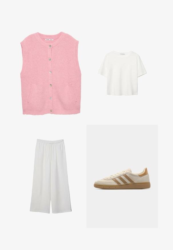 Ružový pletený sveter s okrúhlym výstrihom, predným zapínaním na gombíky a dvoma bočnými vreckami. Má štruktúrovanú tkaninu a rebrované okraje.; Biela krátkopsová tričko vyrobené z bavlny. Má okrúhly výstrih a voľný strih. Hladká textúra bez viditeľných vzorov alebo akcentov.; Biele široké nohavice z ľahkého materiálu s elastickým pásom a šnúrkou na nastavenie veľkosti. Hladká textúra.; Béžové semišové tenisky s svetlohnedými akcentmi. Obsahujú tri hnedé pruhy, štruktúrovanú gumovú podrážku a zaoblený dizajn špičky.
