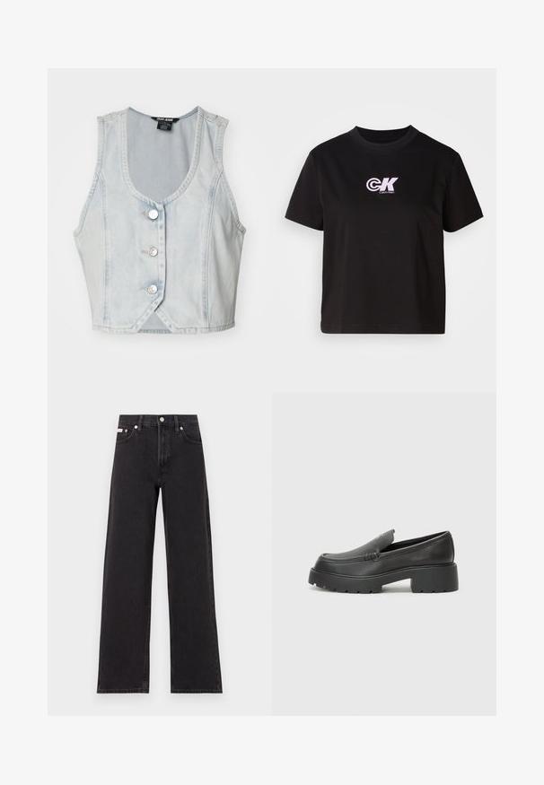 Svijetloplavi traper bezrukavnik s V-izrezom, pet srebrnih dugmadi i prošivenim detaljima duž rubova. Kratki dizajn.; Črn bombažni majica s krožnim izrezom in kratkimi rokavi. Na zgornjem levem delu prsnega koša se nahaja bel in roza "CK" logo.; Črne široke jeans hlače iz denima, s poudarjenim pasom, petimi žepi in kovinskim gumbom za zapiranje ter kontrastnim šivanjem.; Črne usnjene loafers čevlje z zaobljenim nosom, debelim teksturiranim podplatom in minimalnimi šivi. Elegantna zasnova brez vidnih vezalk ali kovinskih delov.