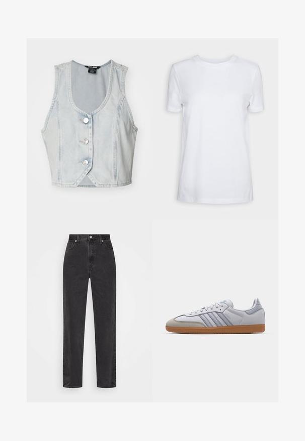 Világoskék farmer ujjatlan mellény V-nyakkal, öt ezüst gombbal és varrott részletekkel a szélein. Rövidített fazon.; Fehér, rövid ujjú, pamut póló. Kerek nyakkivágású, sima textúrával, látható minták vagy kiegészítők nélkül. Alap stílus.; Fekete, egyenes szárú farmernadrág, magas derékkal, elülső gombbal és cipzárral, valamint öt zsebes stílussal, fehér háttérrel.; Fehér bőr sportcipők világoskék részletekkel, szürke velúr orral és barna gumitalppal. Három kék csíkkal és "Samba" felirattal rendelkezik.