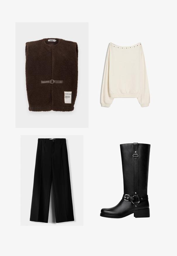Brązowa kamizelka z polaru z okrągłym dekoltem, z przodu zapinana na brązowy skórzany pasek i metalowy pierścień, oraz z małą białą metką na dole.; Kremowy sweatshirt o luźnym kroju, z prążkowanymi mankietami i okrągłym dekoltem. Posiada dekoracyjne metalowe ćwieki wzdłuż szwu na ramieniu.; Czarne spodnie szerokie, wykonane z lekkiego materiału, z zapięciem na guzik z przodu i gładkim przodem, z starannie wykończonymi brzegami.; Wysokie czarne buty z faux skóry, z okrągłym noskiem, detalem klamry na pasku oraz grubym obcasem. Gładka tekstura i pionowa szew na cholewie.