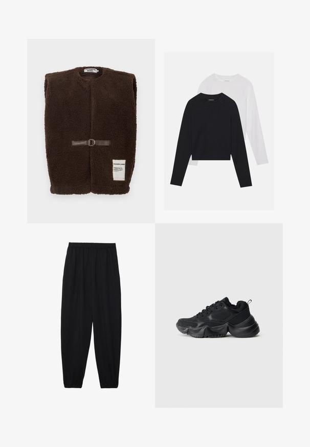 Braune Fleece-Weste mit rundem Halsausschnitt, vorderer Verschluss mit braunem Lederband und Metallring sowie einem kleinen weißen Etikett am unteren Ende.; Zwei langärmelige Hemden: eines schwarz und eines weiß. Beide haben einen Rundhals, Raglanärmel und bestehen aus einem weichen Baumwollmischgewebe.; Schwarze, leichte Hosen mit einem elastischen Bund und gerafften Knöcheln. Der Stoff ist glatt und hat ein entspanntes, schmal zulaufendes Design.; Schwarze Sneakers mit einer Mischung aus glatten und strukturierten Materialien, dicken Sohlen, runder Form und dekorativem Nähen. Sie verfügen über einen weichen, gepolsterten Kragen.