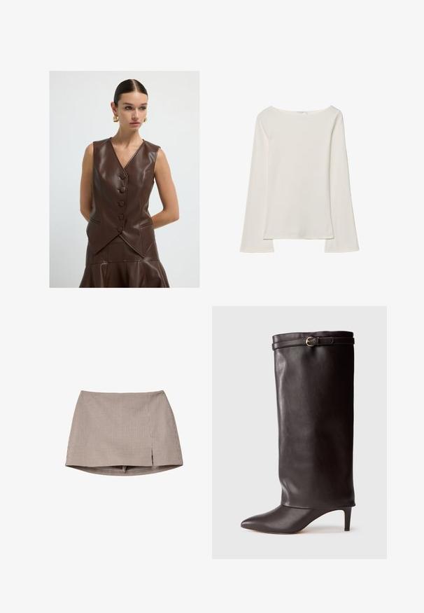 Žena s hladce oklenutými vlasy, oblečená v bezrukávé hnědé kožené vestě s knoflíky a odpovídající minidžínové sukni, doplněná velkými zlatými náušnicemi ve tvaru kruhu.; Bílý dlouhý rukáv top s lodičkovým výstřihem. Vyroben z měkkého materiálu, má zvonové rukávy a rovný lem, nabízí jednoduchý a univerzální design.; Hnědo-bílá mini sukně s malou kostkovanou strukturou a předním rozparkem, položená na bílém pozadí.; Černá kožená vysoká zimní bota s špičatou špičkou a štíhlým podpatkem. Obsahuje přehnutý horní okraj s akcentem zlaté spony. Hladká textura.