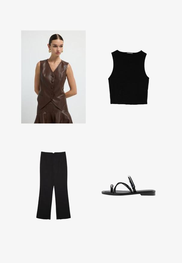 Frau mit zurückgegelten Haaren, die eine ärmellose, braune Leder-Westenjacke mit Knöpfen und einen passenden Rock trägt, ergänzt durch große goldene Creolen.; Schwarzes ärmelloses Crop-Top aus glattem Stoff, mit rundem Ausschnitt und einem klaren, schlichten Design ohne Muster oder Beschläge.; Schwarze Hose mit geradem Schnitt, ausgestattet mit Fronttaschen und Seitenschlitzen am Saum. Hergestellt aus weichem, glattem Stoff. Geeignet für verschiedene Anlässe.; Schwarze flache Sandalen mit glänzender Oberfläche, drei dünnen Riemen und einem runden Hardware-Detail an den Zehen. Elegantes Design mit einem minimalen Absatz.