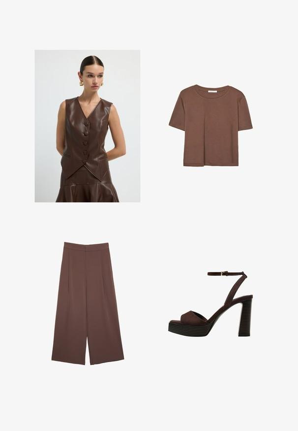 Frau mit zurückgegelten Haaren, die eine ärmellose, braune Leder-Westenjacke mit Knöpfen und einen passenden Rock trägt, ergänzt durch große goldene Creolen.; Braunes, kurzärmliges T-Shirt aus weichem Material mit rundem Halsausschnitt und lockerer Passform. Keine sichtbaren Muster oder Akzente.; Braune Weite-Leg-Hosen mit einer glatten Textur, hoher Taille und Vorderfalten. Der Stoff ist leicht und fällt locker.; Braune Wildleder-Pumps mit offenem Zeh, verstellbarem Knöchelriemen und gestreiftem Plateausohlen.