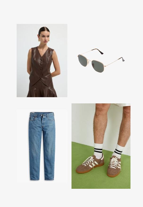 Vrouw met teruggekamd haar, gekleed in een mouwloze bruine leren vest met knopen en een bijpassende rok, accessoires met grote gouden creolen.; Witte lange mouwen top met een brede halslijn, zijsplitten en een gladde, lichtgewicht stof, met een eenvoudig, minimalistisch ontwerp.; Blauwe spijkerbroek met een rechte pasvorm, voorzien van een ritssluiting, twee voorzakken en subtiele vervagingen in de stof.; Bruine suède sneakers met witte accenten en veters. Rubberen gumzool. Draag met witte sokken met zwarte strepen. Groene gestructureerde vloer.; Gouden metalen zonnebril met donkergroene lenzen, aviator-stijl, met slanke scharnieren en schildpad-accenten op de uiteinden.; Tory Burch RADZIWILL COLOR-BLOCK PEBBLED PETITE DOUBLE BAG - Handtas - wild mushroom