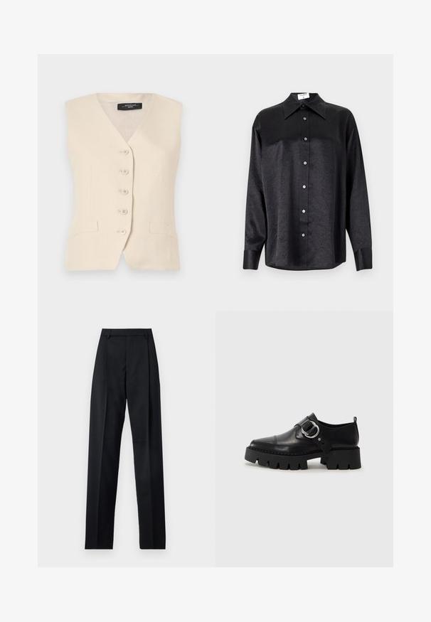 Beige linning vest med V-hals, seks knapper og to sidelommer. Har en skreddersydd form og glatt tekstur.; Svart langermet skjorte med krage, som har en rynket tekstur, fullt knappet front og mansjetter. Laget av et glatt stoff.; Svarte bukser laget av glatt stoff, med høy midje, vide ben, frontfolder og klassiske beltehemper. Ingen synlige sidelommer.; Sorte læringssko med en kraftig ribbet såle, som har en sirkulær sølvfarget detalj og minimal sømdekorasjon.